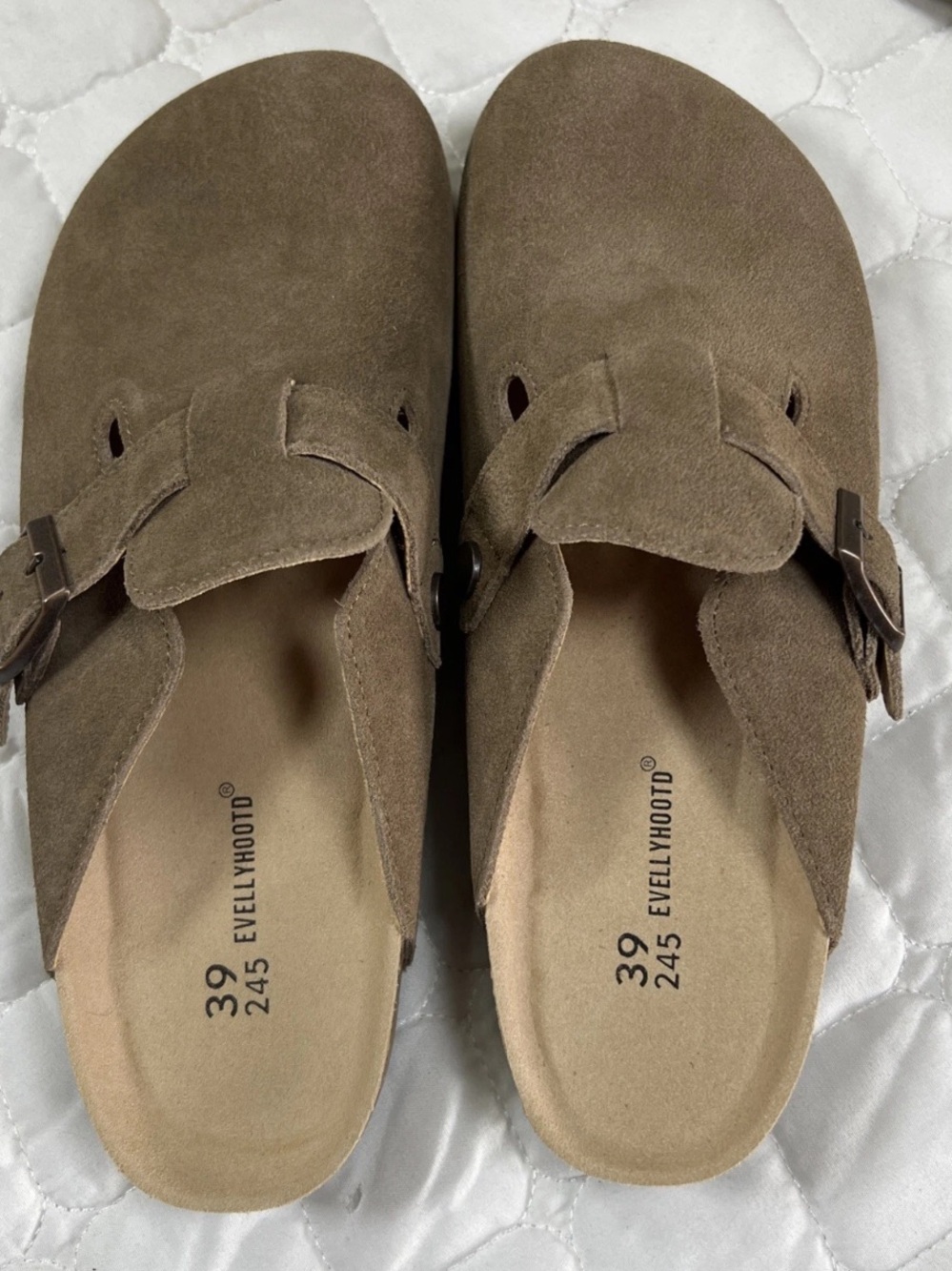 EVELLYHOOTD Women Camel 39 Suede Clogs Comfort Arch Support Cork Footbed Buckle